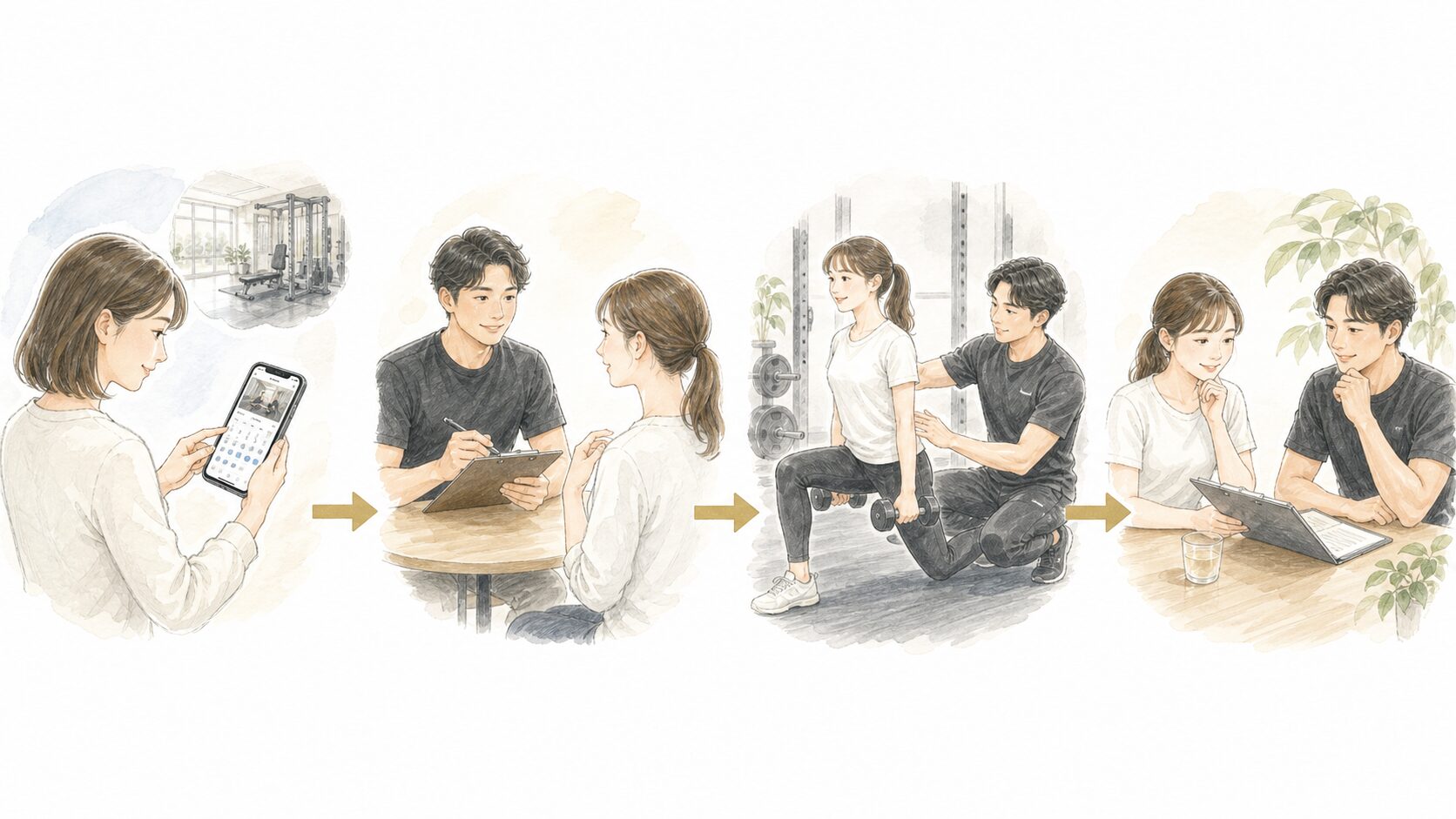 精神と時のジムで予約から相談、体験、利用検討へ進む流れを示すイラスト