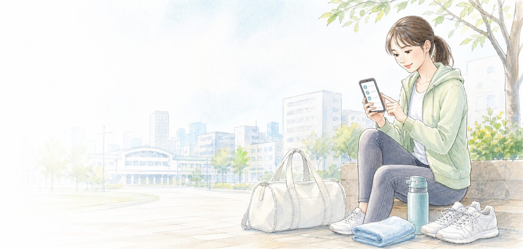 静岡市でパーソナルジムの初回体験に向けて予約と持ち物を確認するイラスト