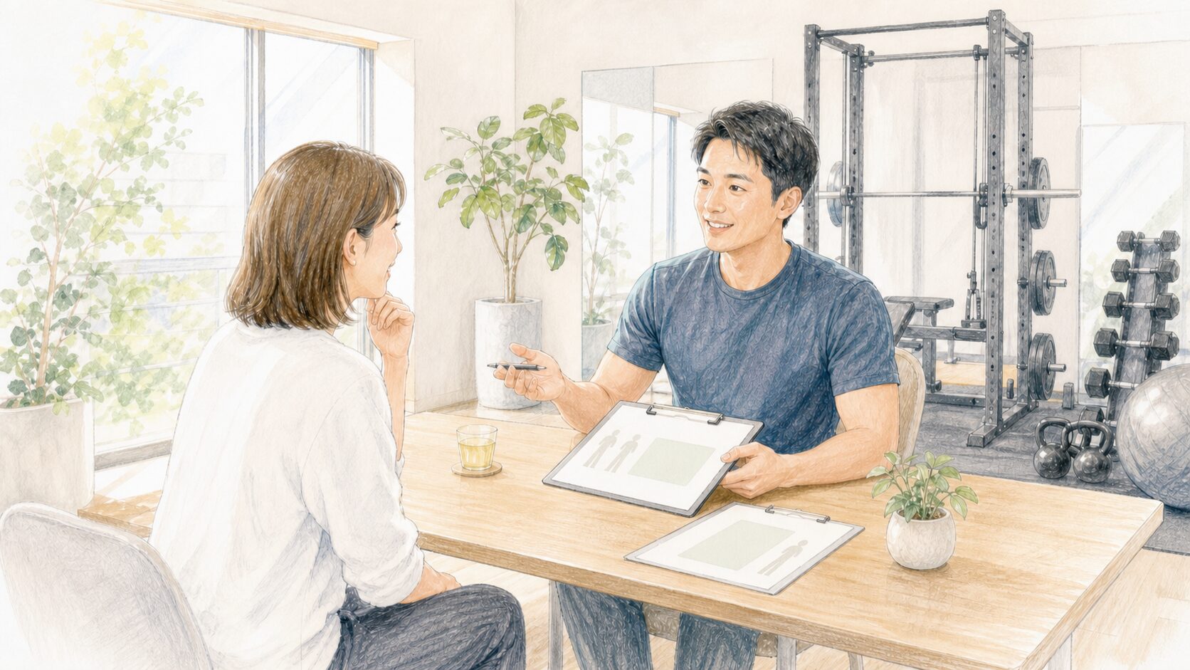 精神と時のジムのサービスについて個室トレーニング空間で説明を受けるイラスト