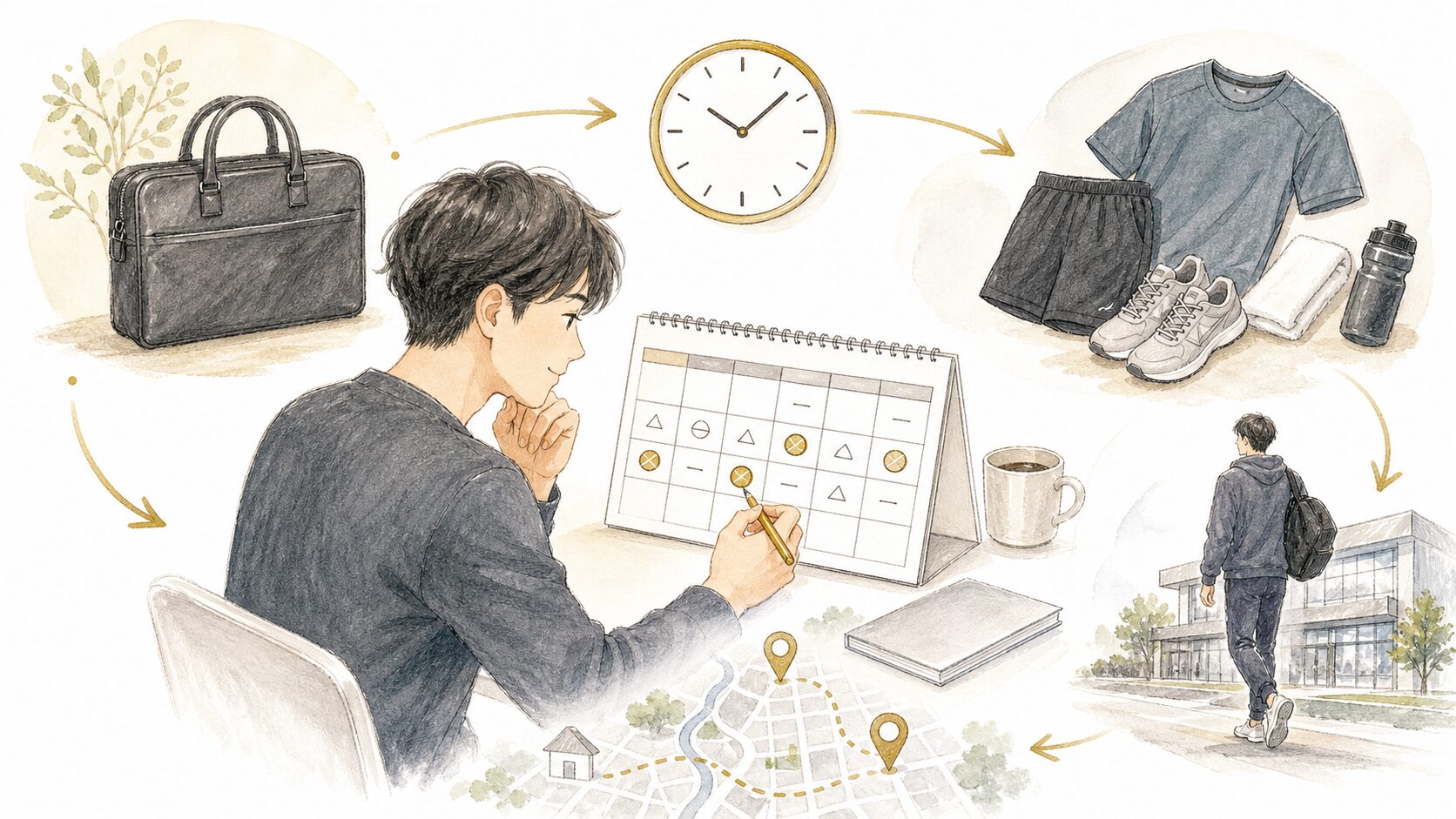 仕事や生活の予定に合わせてジムへ通う計画を立てるイラスト