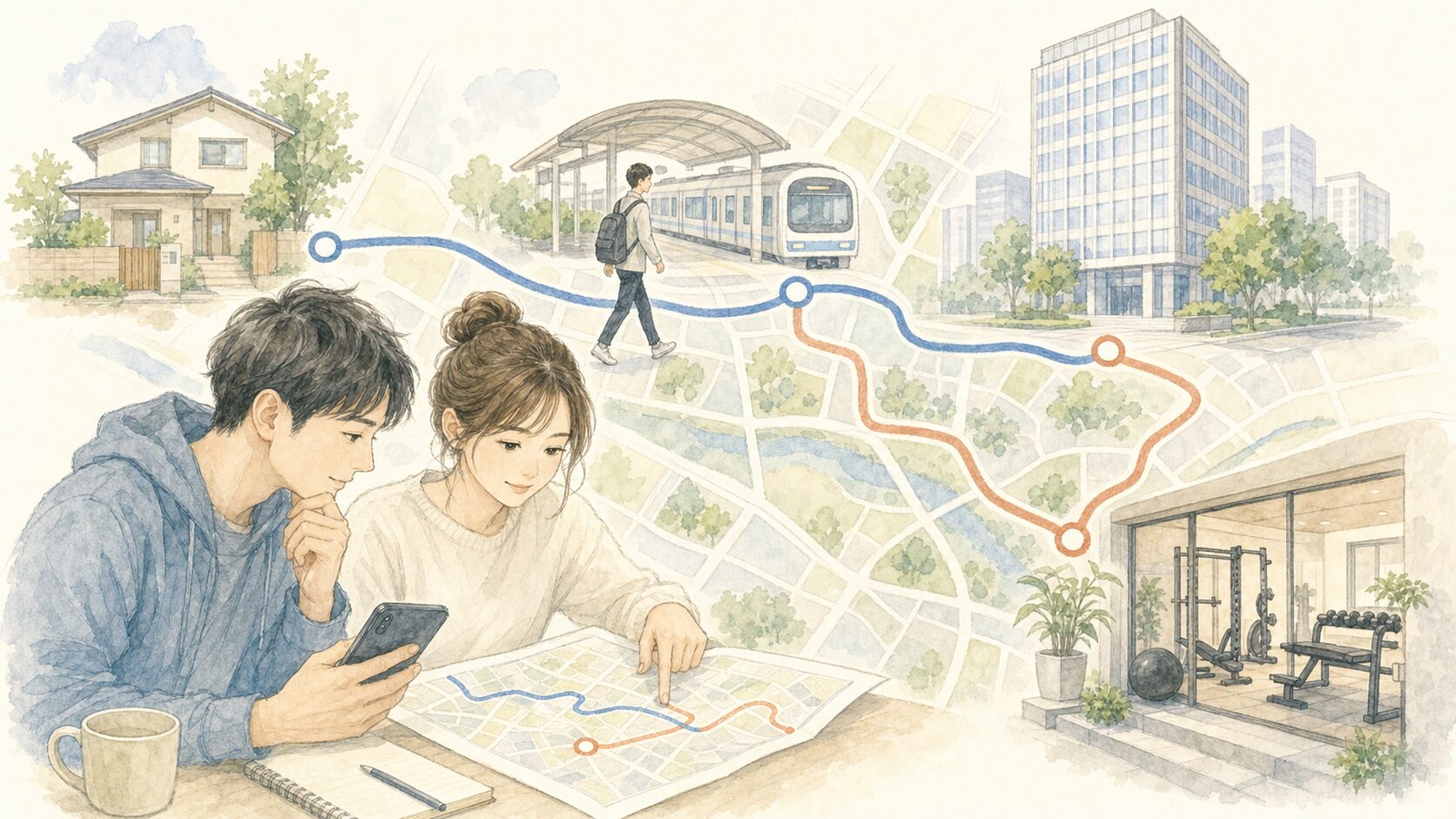 自宅・駅・職場から無理なく通える生活動線を地図で比べるイラスト
