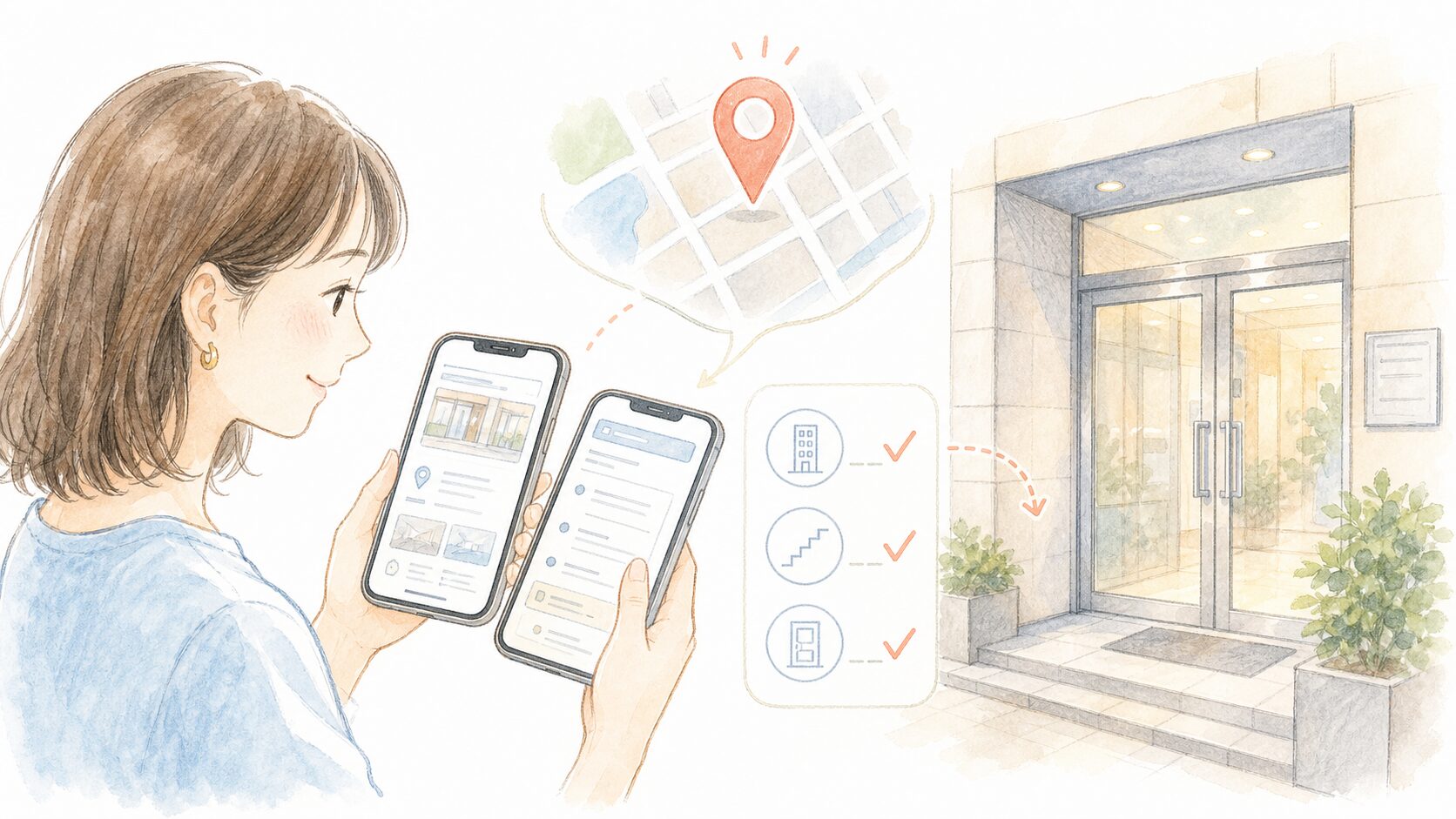 店舗ページと予約案内で建物名・階数・部屋番号まで確認するイラスト
