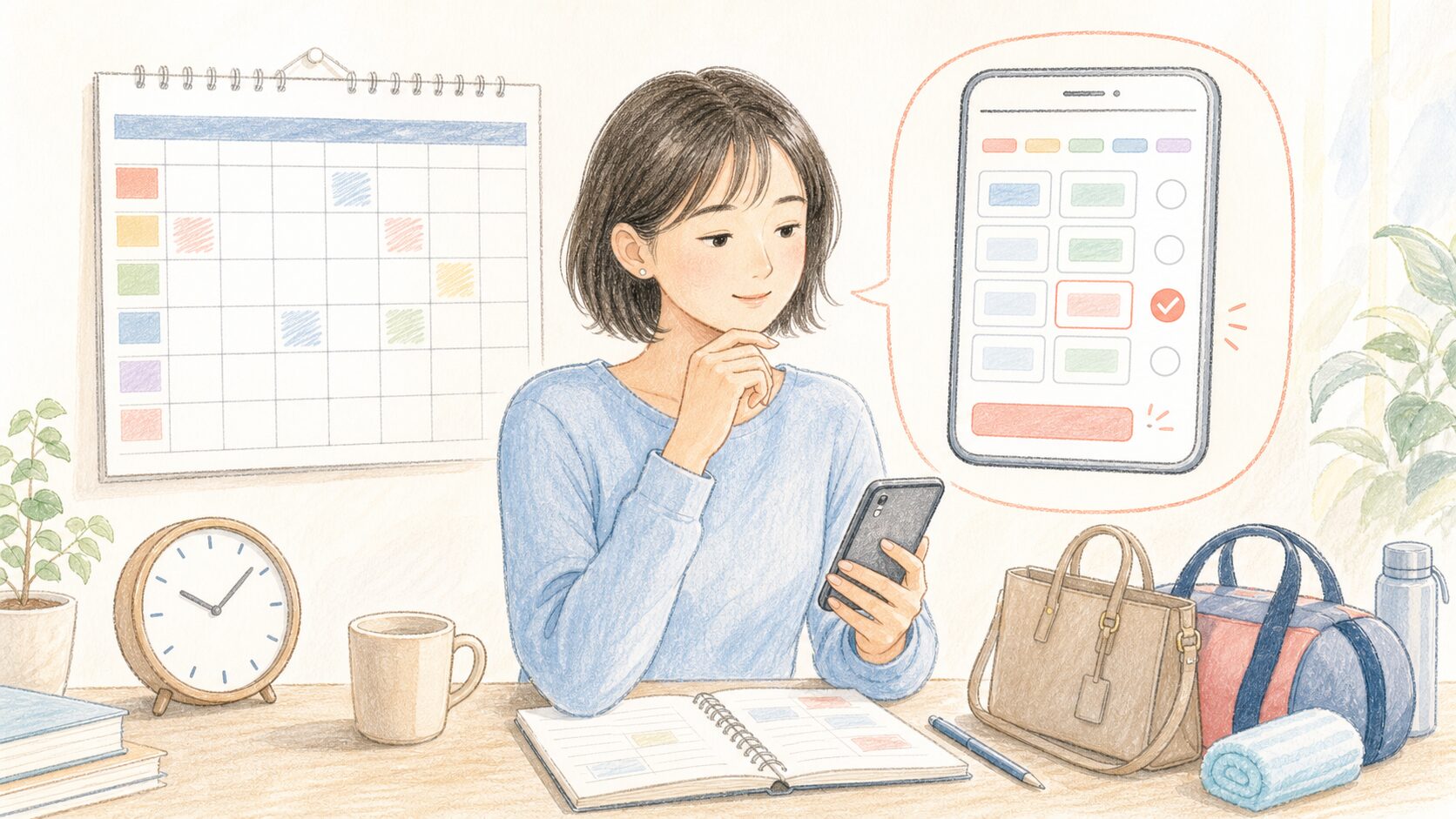 カレンダーと予約画面を見ながら通いやすい曜日・時間を選ぶイラスト