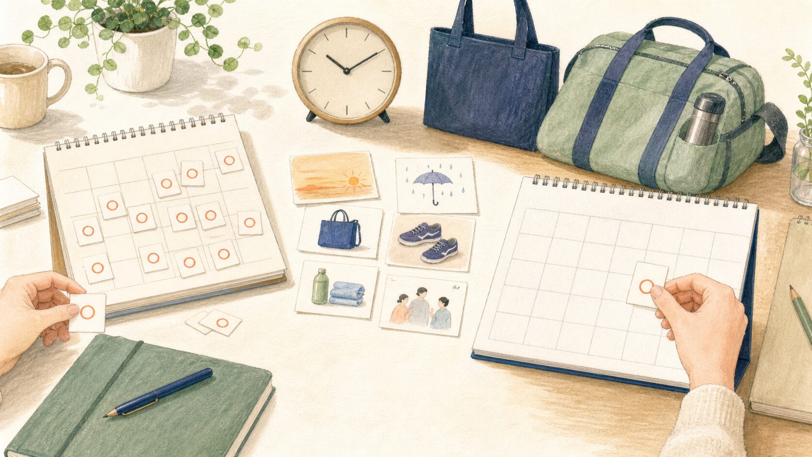 通いやすかった時間や準備を振り返り次の月の予定へつなげる図解