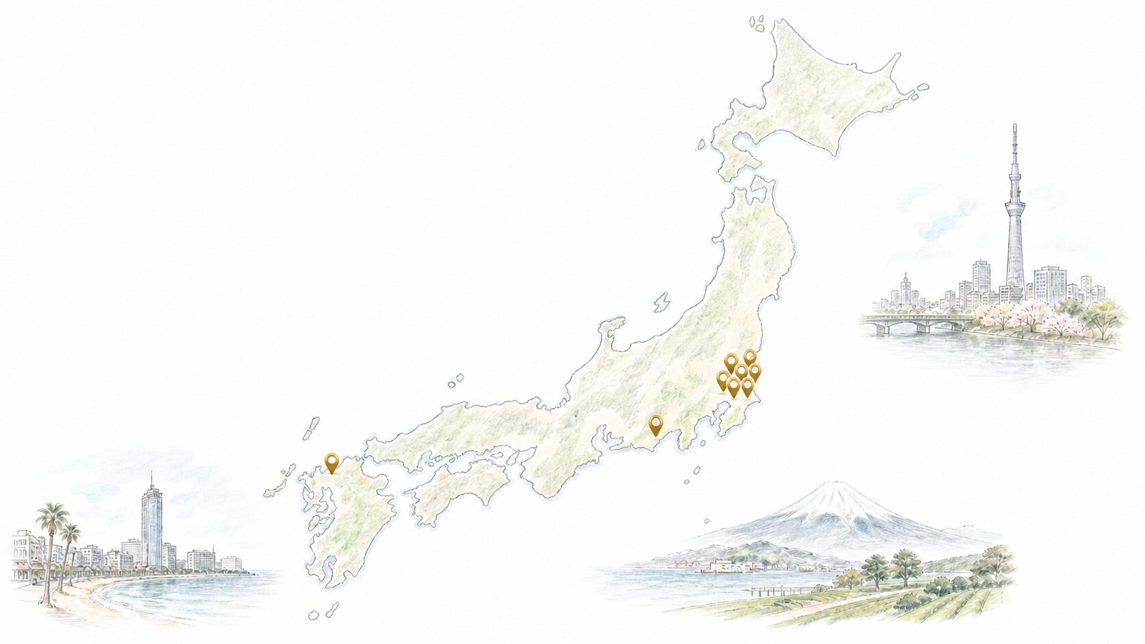 東京に6店舗、静岡と福岡に各1店舗あることを示す日本地図のイラスト