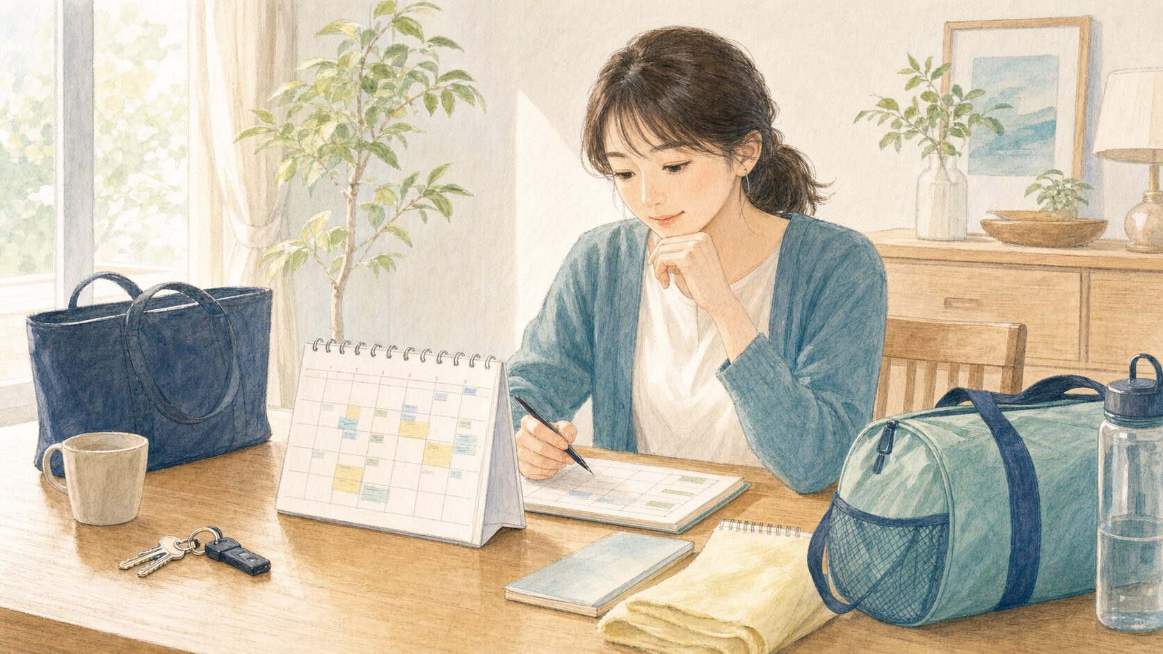 仕事や家事の予定を見直しながらパーソナルジムを続ける方法を考える方のイラスト