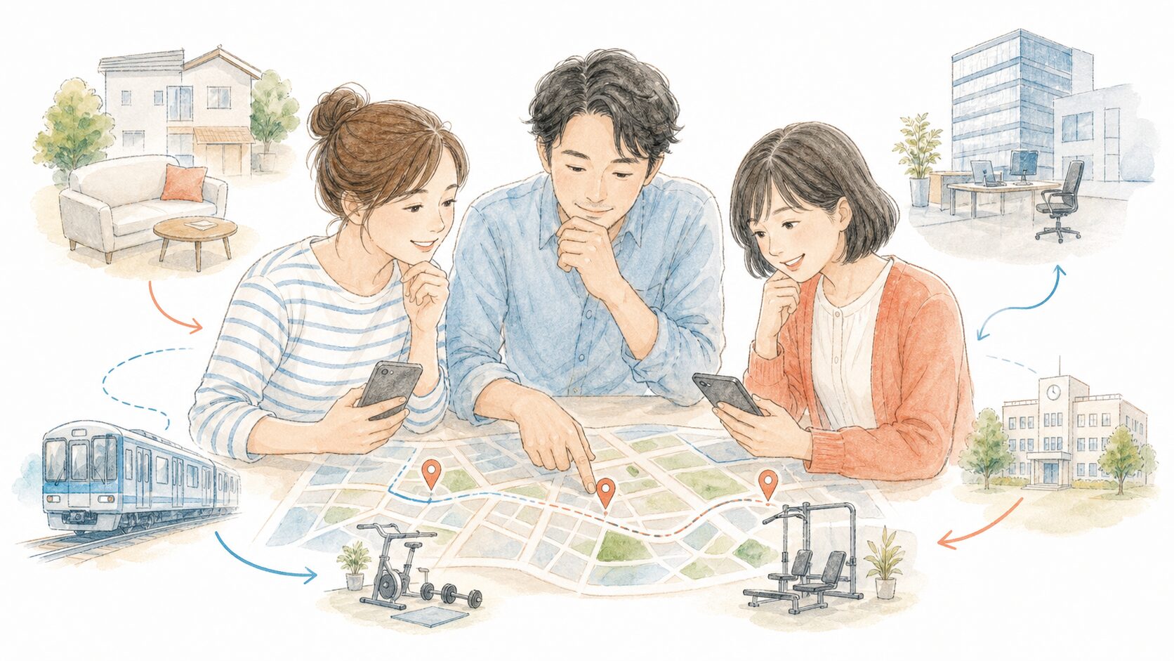 生活圏や必要な設備から自分に合う精神と時のジムの店舗を選ぶ方のイラスト