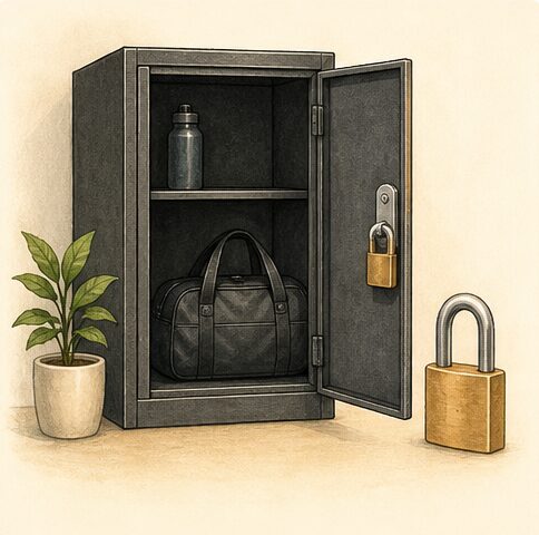 手荷物を置くロッカーと施錠方法を確認する図解