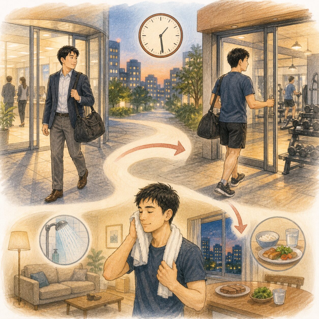 仕事からジムを経て帰宅する夜の移動経路を確認する図解