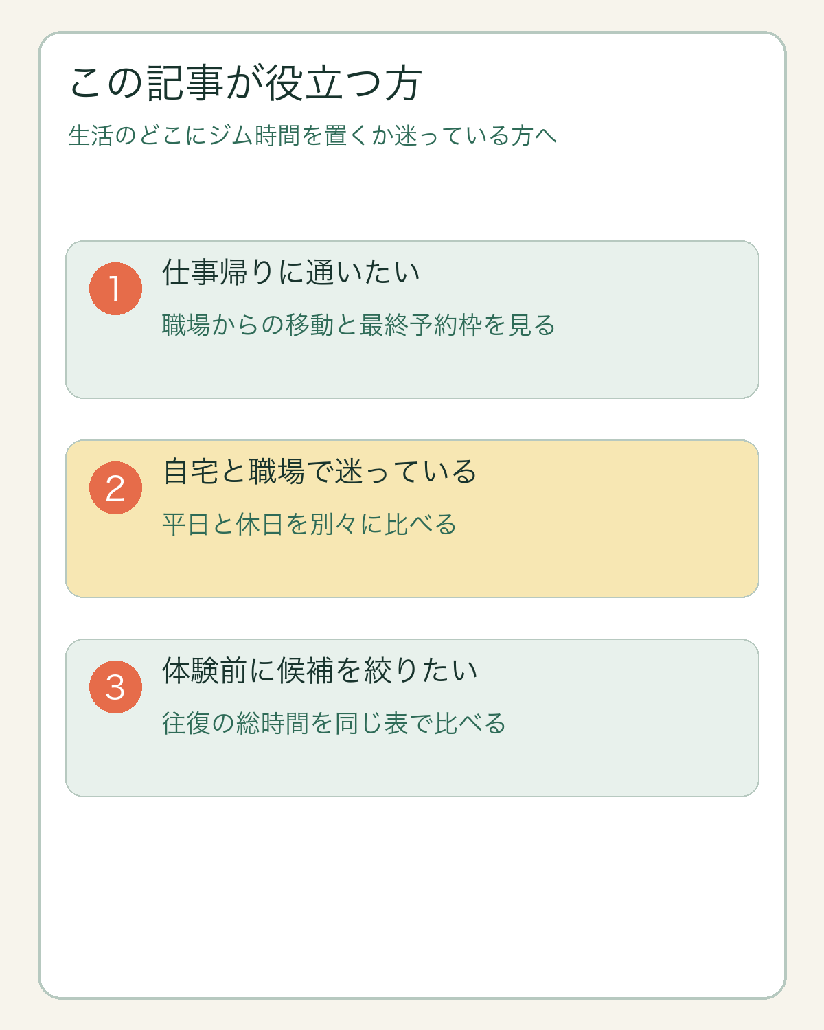 仕事帰りや休日の生活動線に合うジムを選びたい方