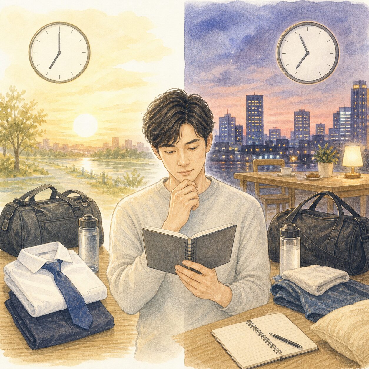 朝と夜のジム予定を生活時間で比較する図解