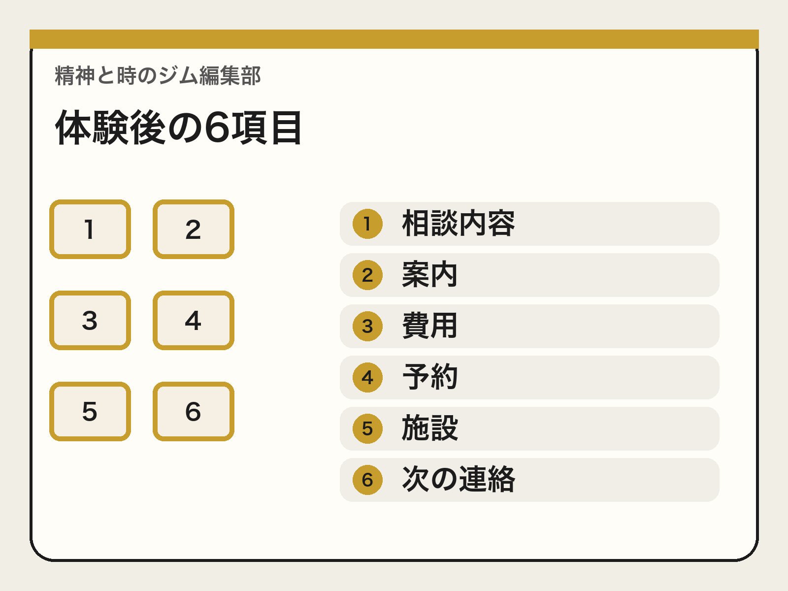 体験後に同じ6項目を記録する比較メモの図解
